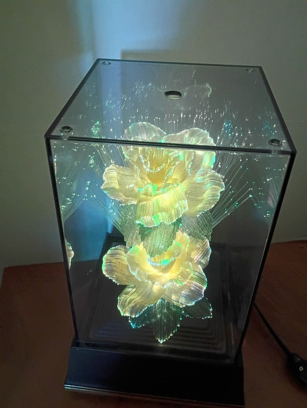 Vtg 1988 Lamp LED Fiber Optic Rose Sculpture Light - Yellow/Green Change Colors